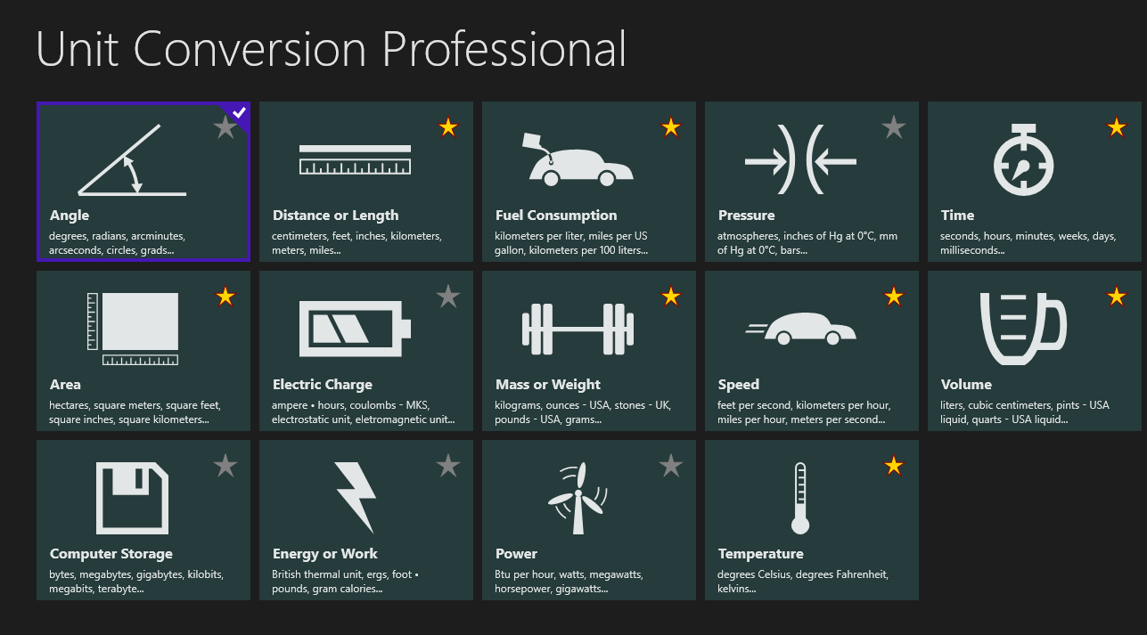 Unit Conversion Professional categories screen shot